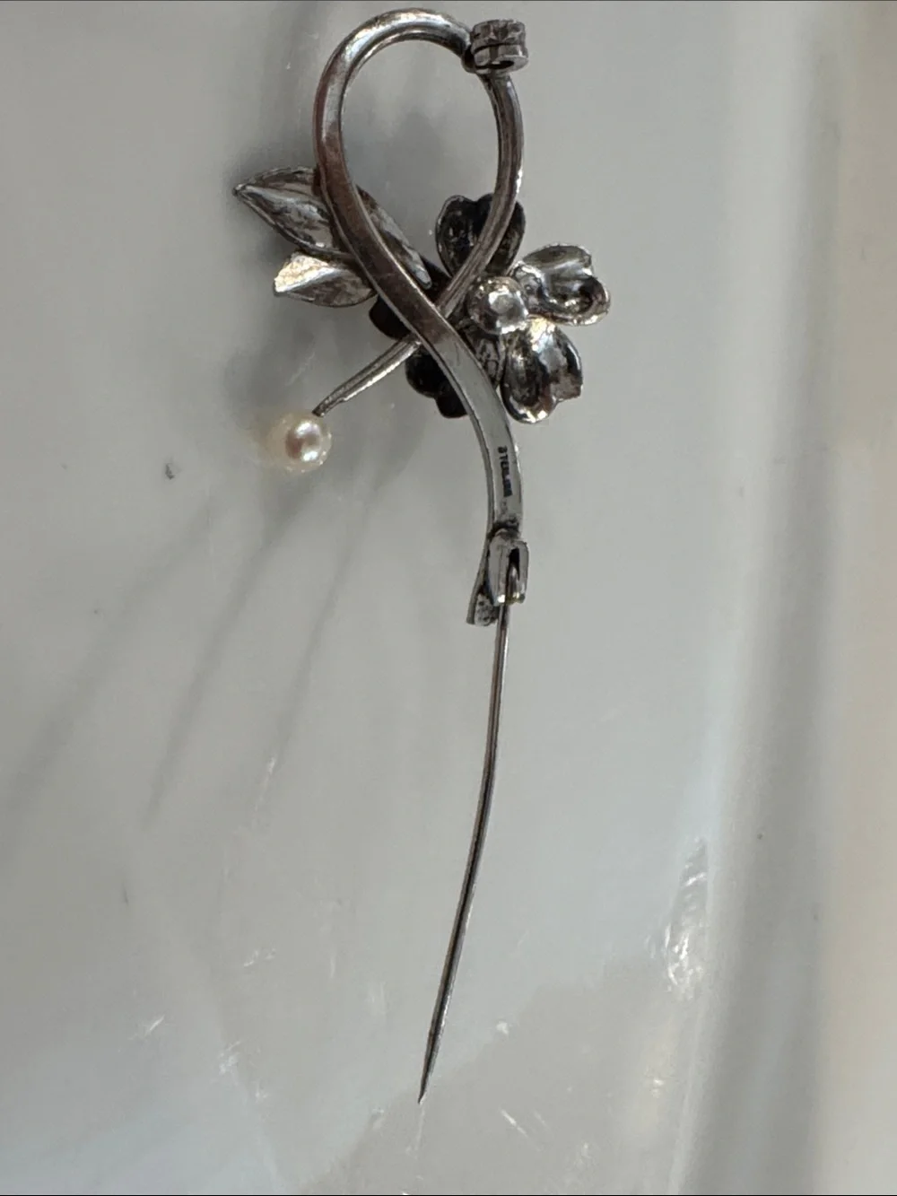 Sterling Silver Floral Pearl Accents Brooch Pin